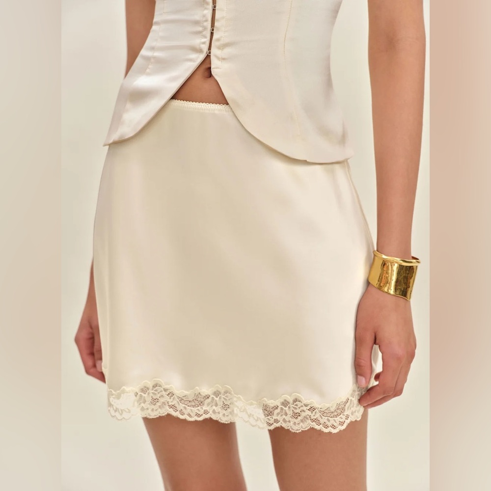 Reformation Neera Lace-Trim Satin Slip Skirt in Almond / Ivory NWT